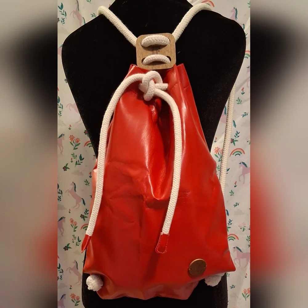 EUC IF Bags Italy Red Smooth Sustainable Vegan Eco-Leather Drawstring Backpack